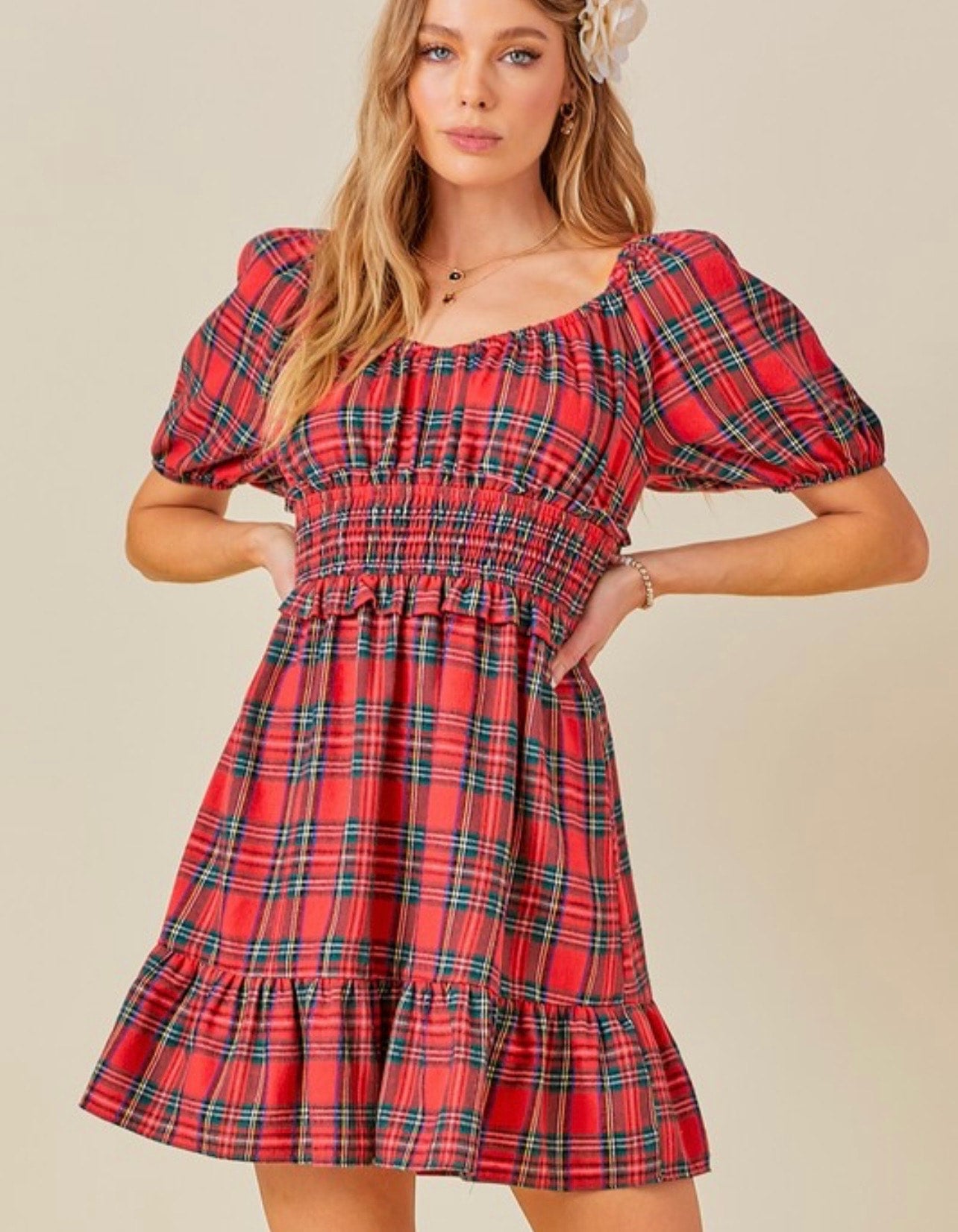 red plaid puff sleeve dress Day + Moon Puff Sleeve Dress, Red Plaid (S)